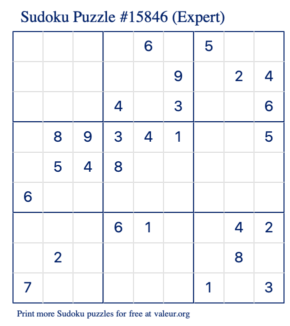 Free Printable Expert Sudoku Puzzle number 15846