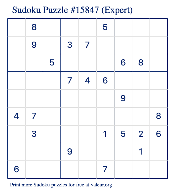 Free Printable Expert Sudoku Puzzle number 15847