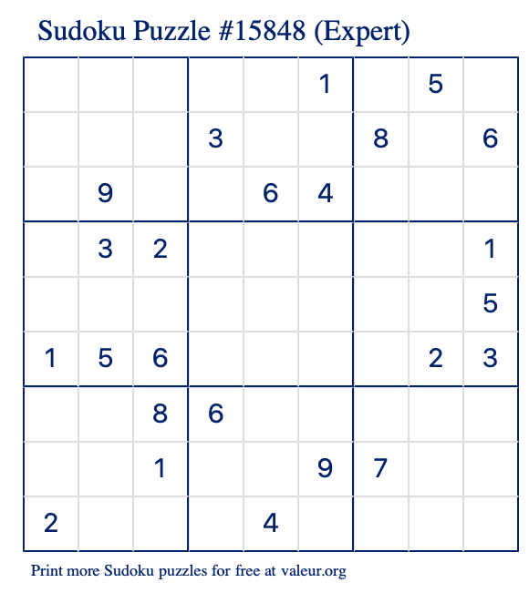 Free Printable Expert Sudoku Puzzle number 15848