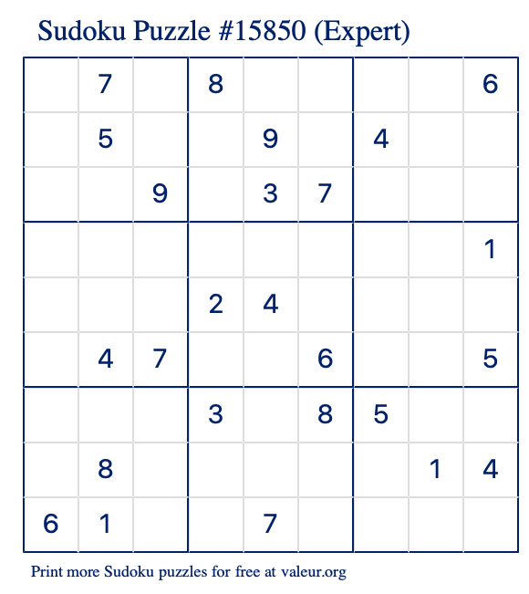 Free Printable Expert Sudoku Puzzle number 15850