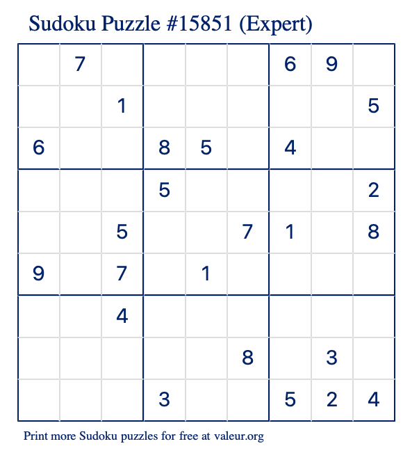Free Printable Expert Sudoku Puzzle number 15851