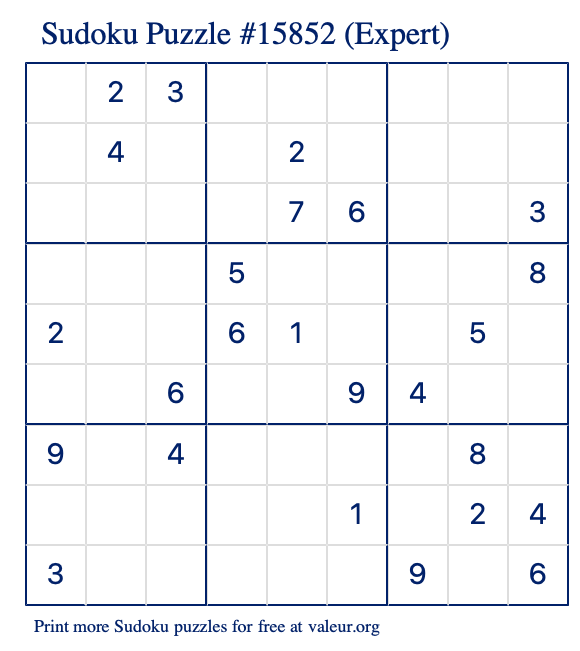 Free Printable Expert Sudoku Puzzle number 15852