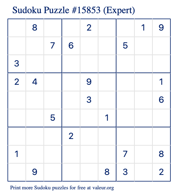 Free Printable Expert Sudoku Puzzle number 15853