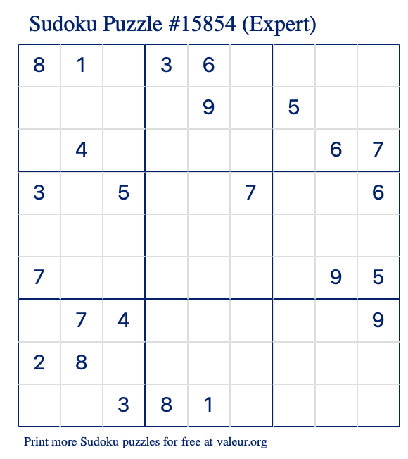 Free Printable Expert Sudoku Puzzle number 15854