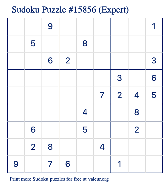 Free Printable Expert Sudoku Puzzle number 15856