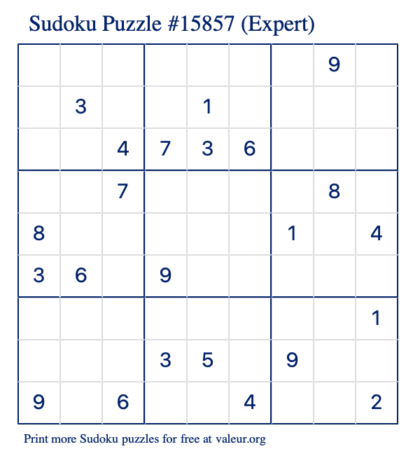 Free Printable Expert Sudoku Puzzle number 15857