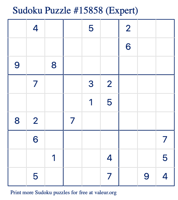 Free Printable Expert Sudoku Puzzle number 15858