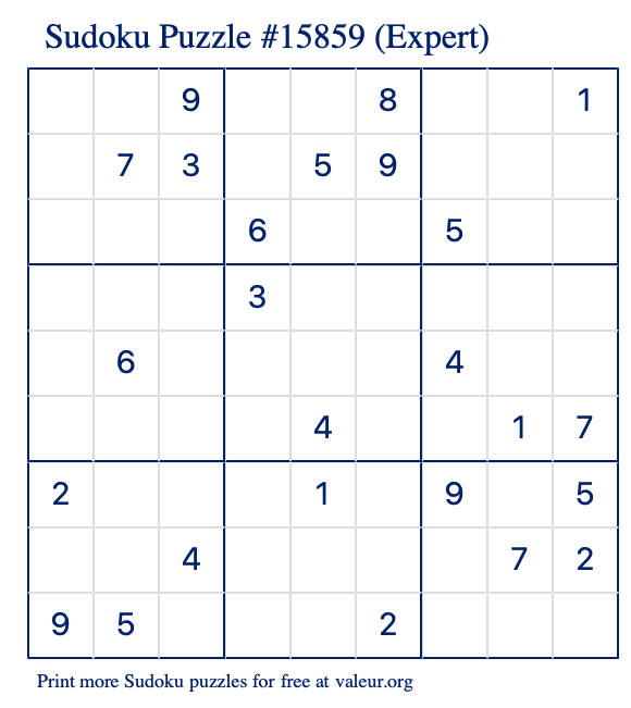 Free Printable Expert Sudoku Puzzle number 15859