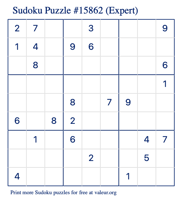 Free Printable Expert Sudoku Puzzle number 15862