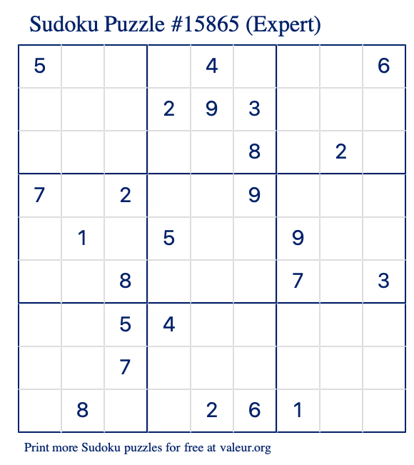 Free Printable Expert Sudoku Puzzle number 15865