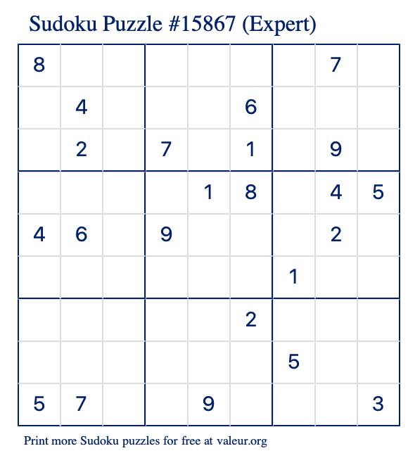 Free Printable Expert Sudoku Puzzle number 15867