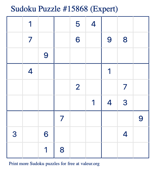 Free Printable Expert Sudoku Puzzle number 15868