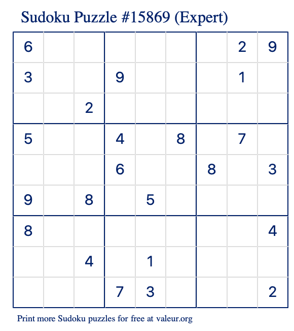 Free Printable Expert Sudoku Puzzle number 15869