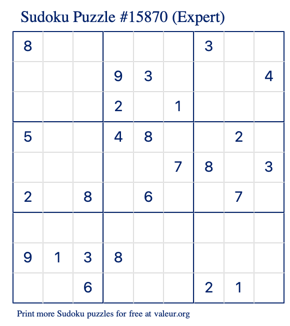 Free Printable Expert Sudoku Puzzle number 15870