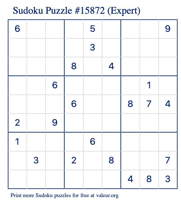 Free Printable Expert Sudoku Puzzle number 15872