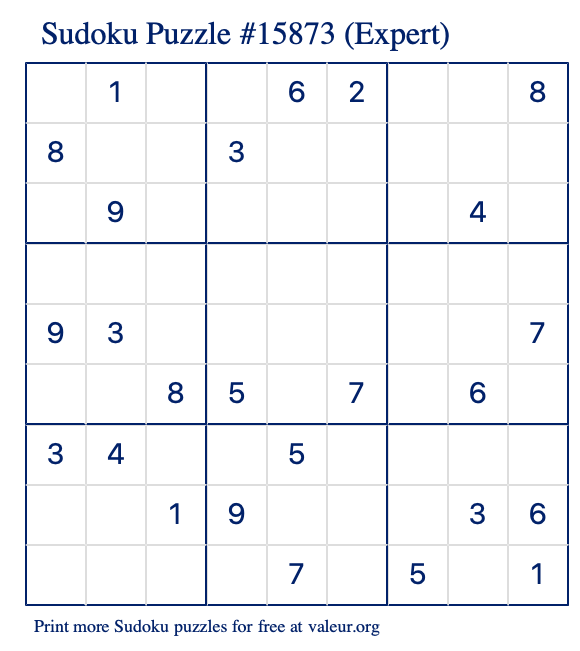 Free Printable Expert Sudoku Puzzle number 15873