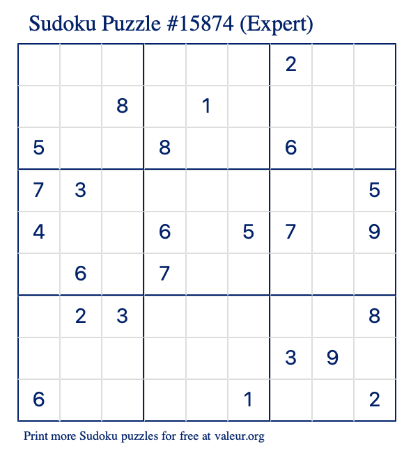 Free Printable Expert Sudoku Puzzle number 15874