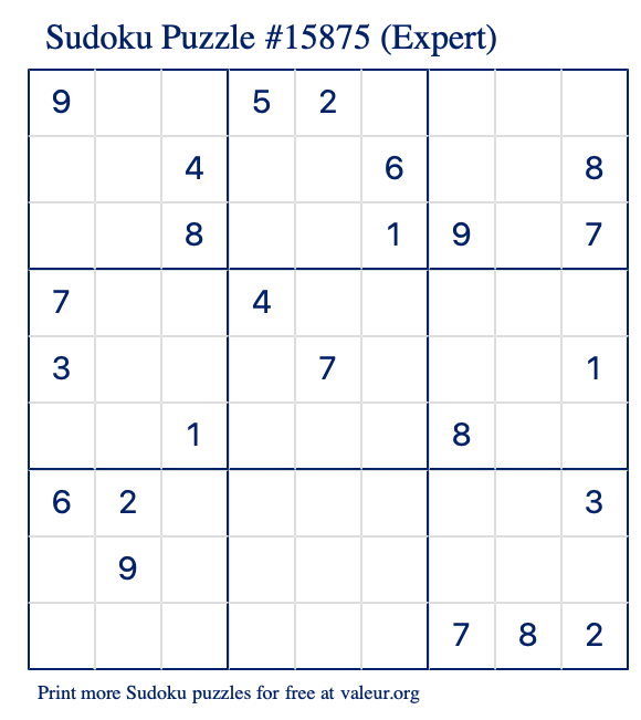 Free Printable Expert Sudoku Puzzle number 15875