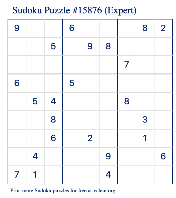 Free Printable Expert Sudoku Puzzle number 15876