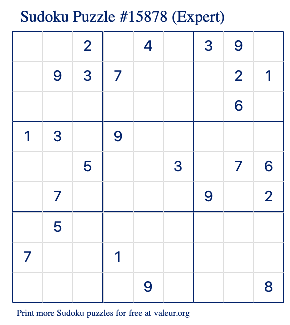 Free Printable Expert Sudoku Puzzle number 15878