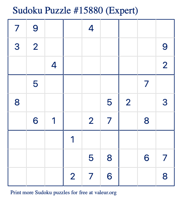 Free Printable Expert Sudoku Puzzle number 15880