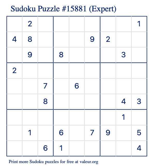 Free Printable Expert Sudoku Puzzle number 15881