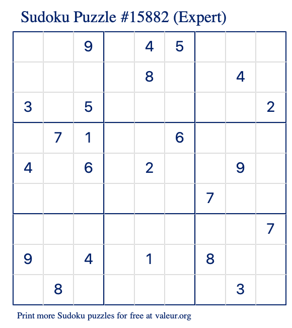 Free Printable Expert Sudoku Puzzle number 15882