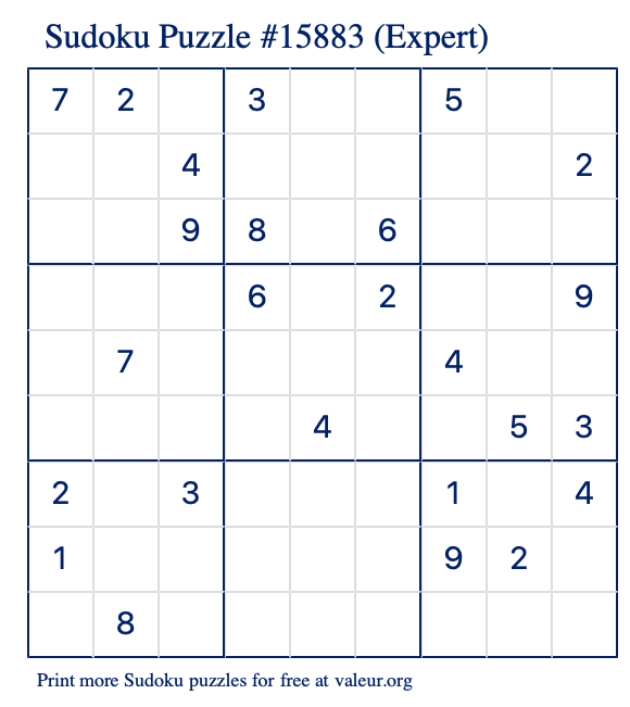 Free Printable Expert Sudoku Puzzle number 15883