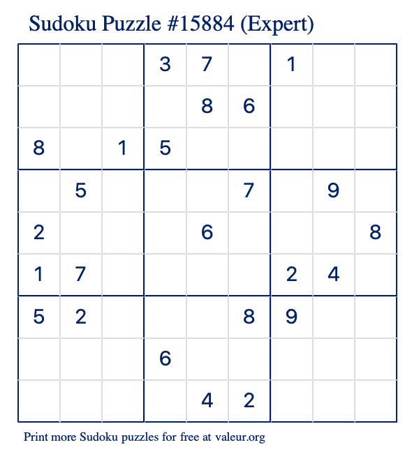 Free Printable Expert Sudoku Puzzle number 15884