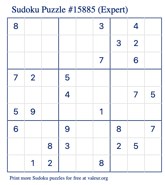 Free Printable Expert Sudoku Puzzle number 15885