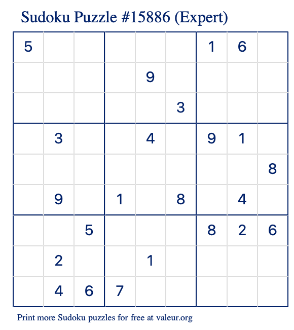 Free Printable Expert Sudoku Puzzle number 15886