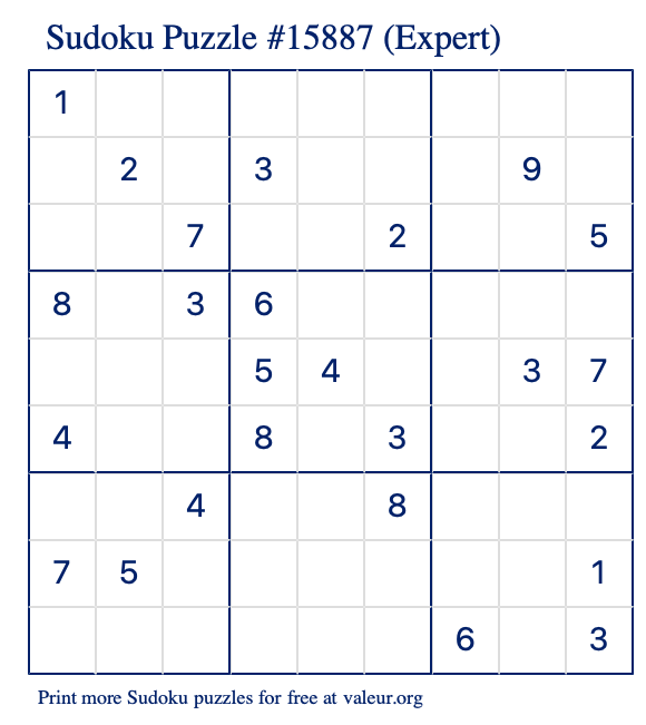 Free Printable Expert Sudoku Puzzle number 15887