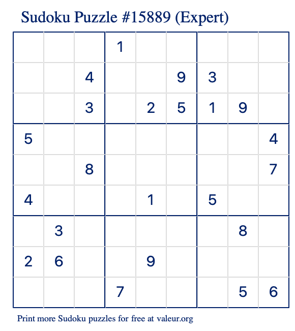 Free Printable Expert Sudoku Puzzle number 15889