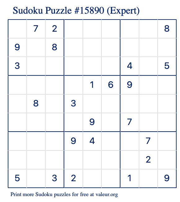 Free Printable Expert Sudoku Puzzle number 15890