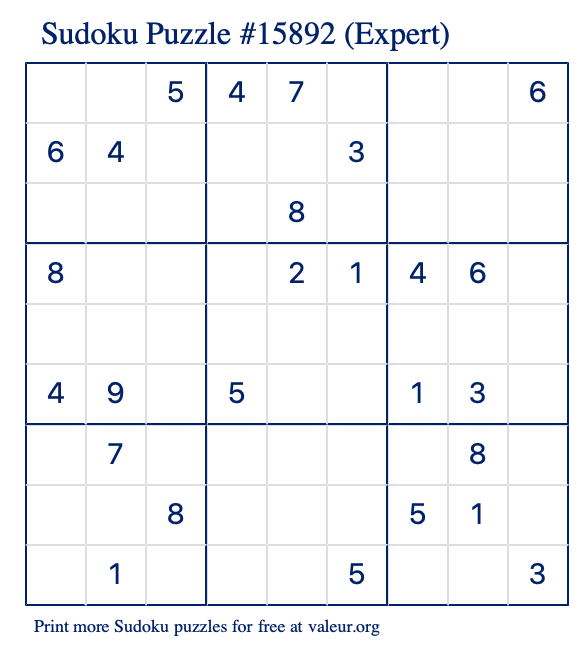 Free Printable Expert Sudoku Puzzle number 15892