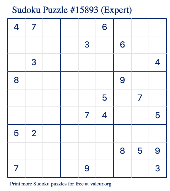 Free Printable Expert Sudoku Puzzle number 15893