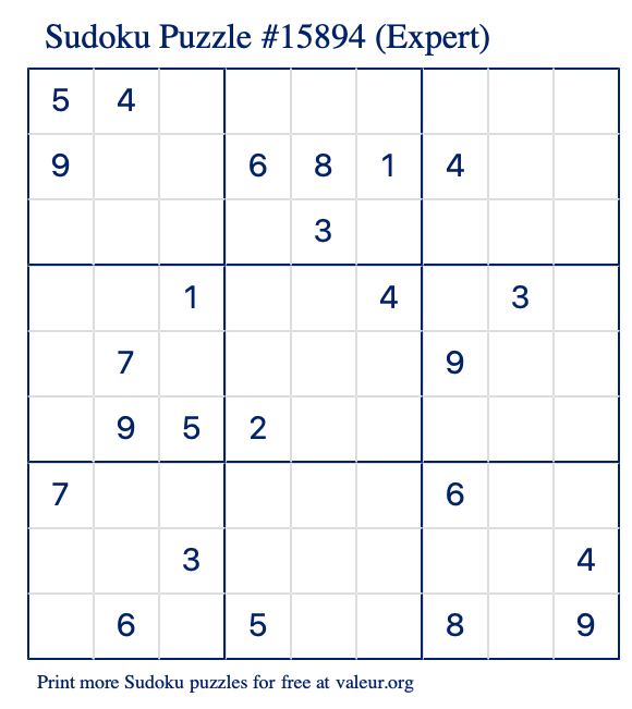 Free Printable Expert Sudoku Puzzle number 15894