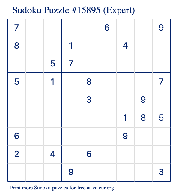 Free Printable Expert Sudoku Puzzle number 15895