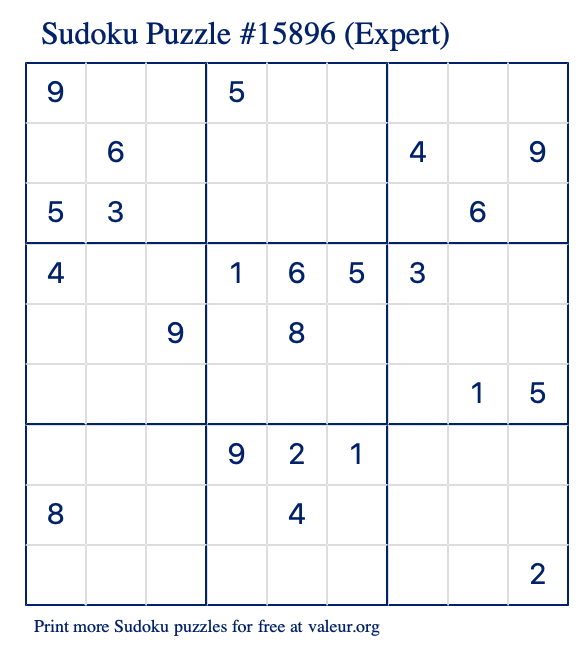 Free Printable Expert Sudoku Puzzle number 15896