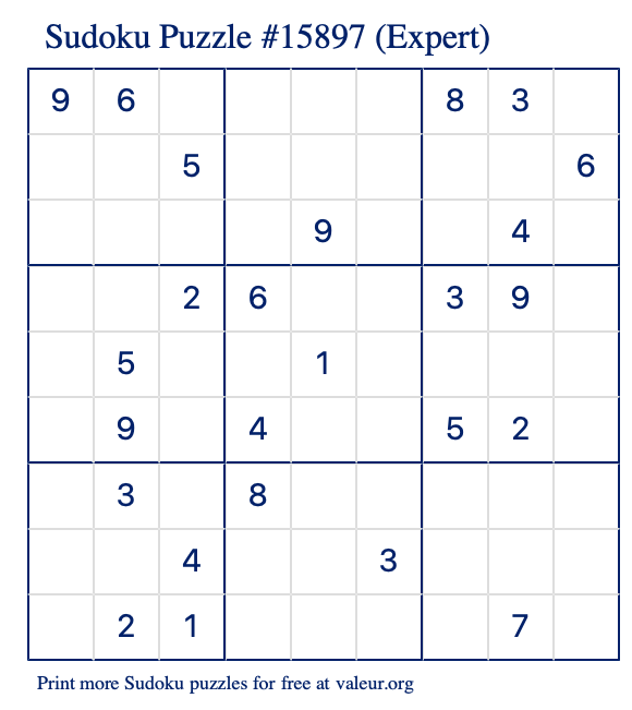 Free Printable Expert Sudoku Puzzle number 15897