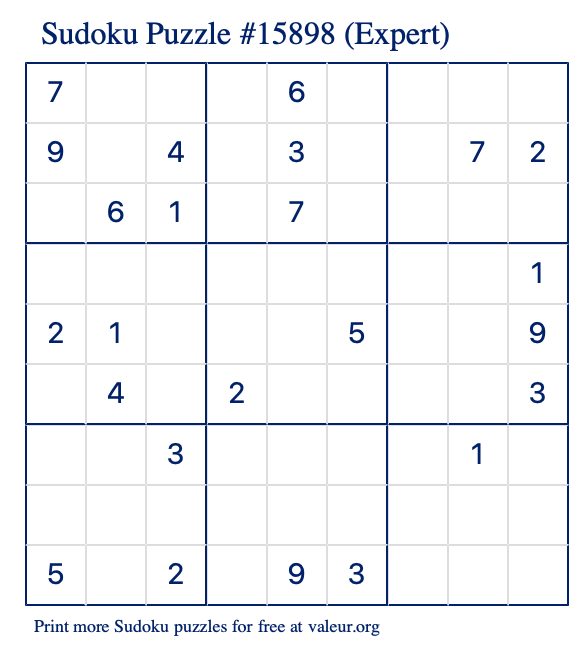 Free Printable Expert Sudoku Puzzle number 15898