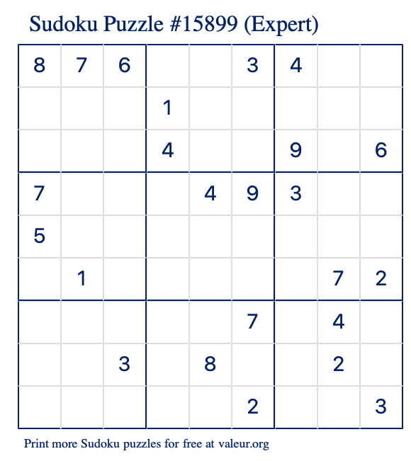 Free Printable Expert Sudoku Puzzle number 15899