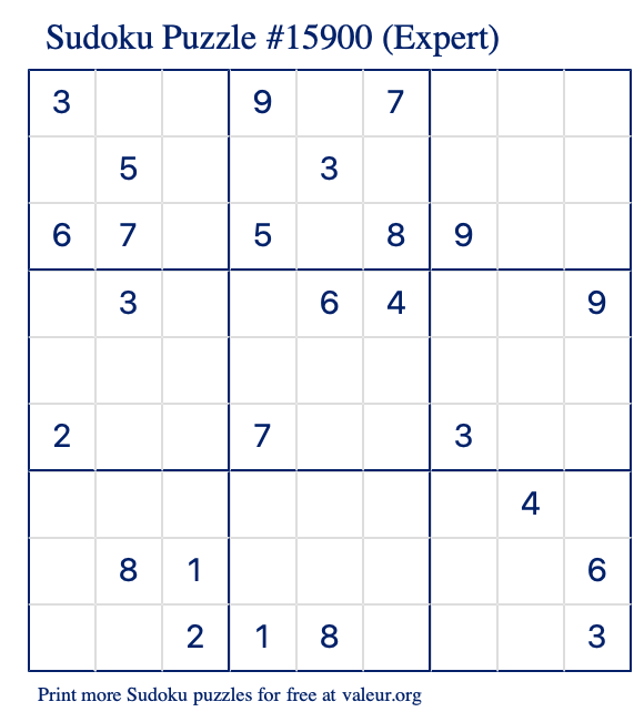 Free Printable Expert Sudoku Puzzle number 15900