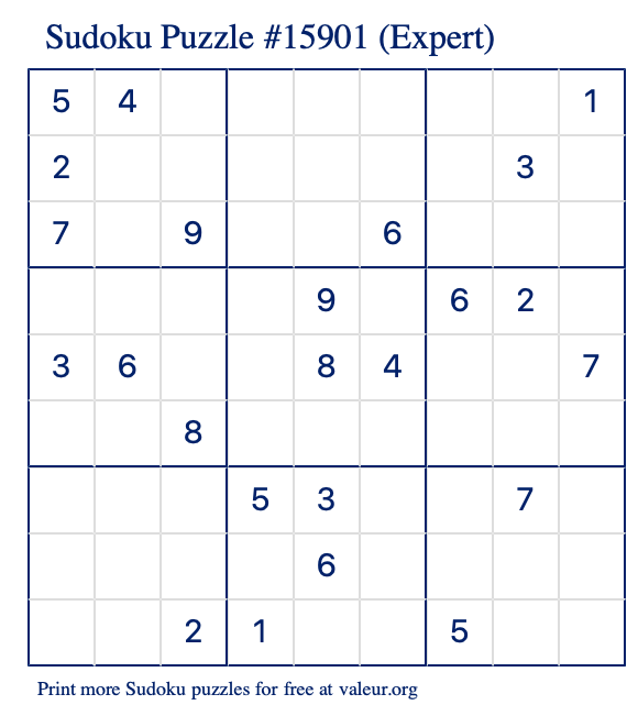 Free Printable Expert Sudoku Puzzle number 15901