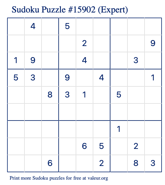 Free Printable Expert Sudoku Puzzle number 15902