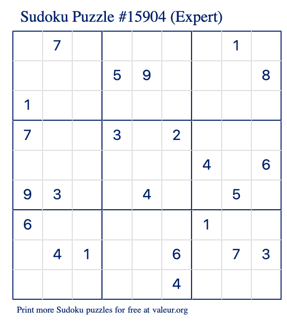 Free Printable Expert Sudoku Puzzle number 15904