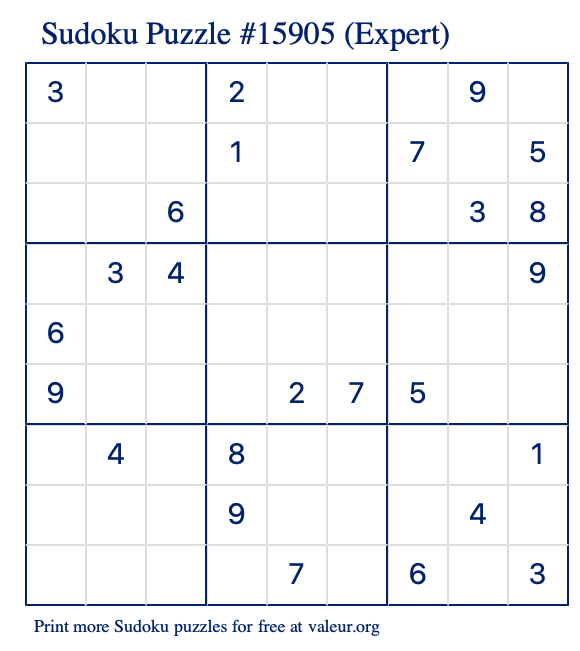 Free Printable Expert Sudoku Puzzle number 15905