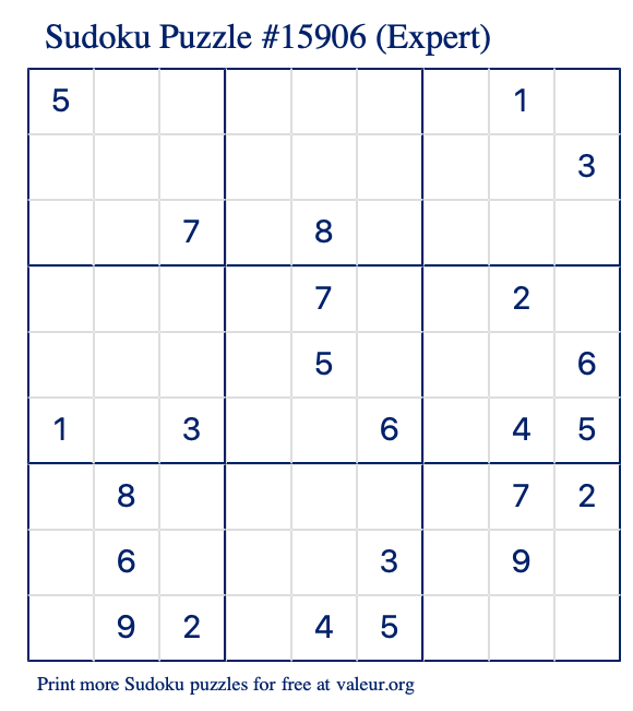 Free Printable Expert Sudoku Puzzle number 15906