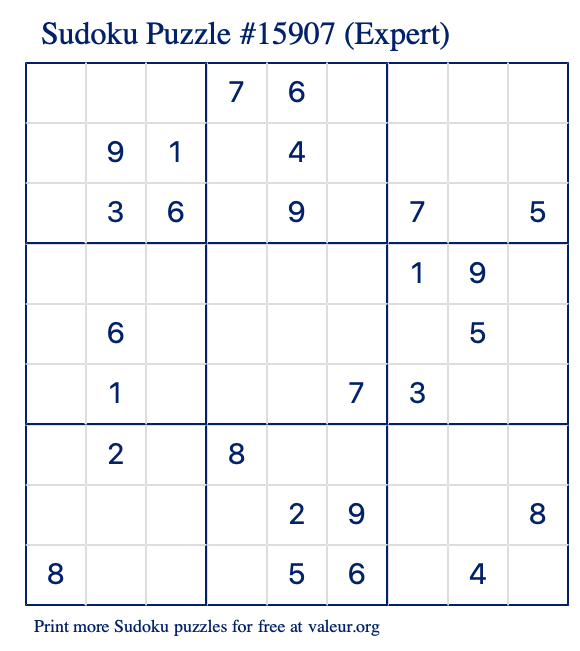 Free Printable Expert Sudoku Puzzle number 15907