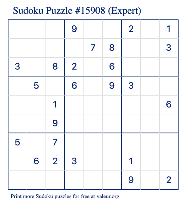 Free Printable Expert Sudoku Puzzle number 15908